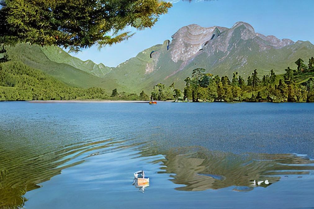 A serene and peaceful landscape of a tranquil lake surrounded by lush green mountains