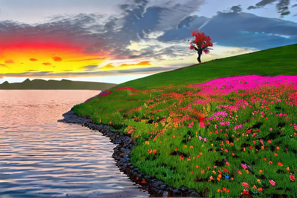 A serene and peaceful landscape with a vibrant sunset