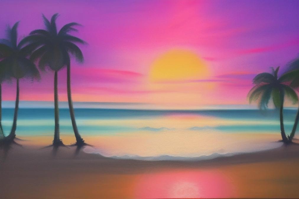 A stunning landscape painting of a serene beach at sunset