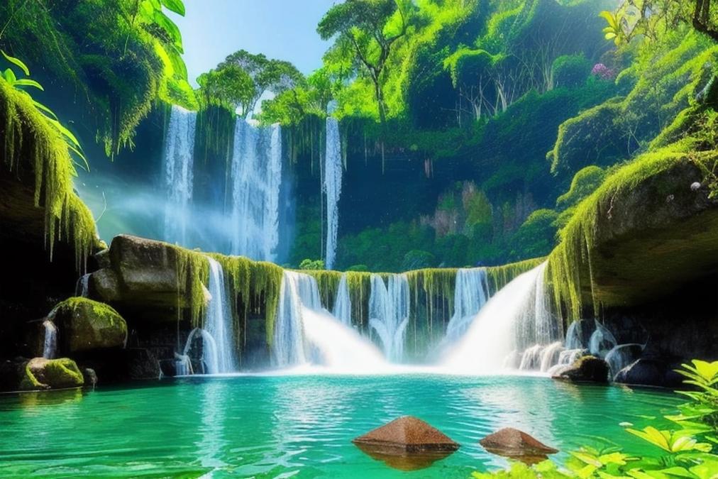 A stunning landscape with a majestic waterfall cascading down into a crystal clear pool